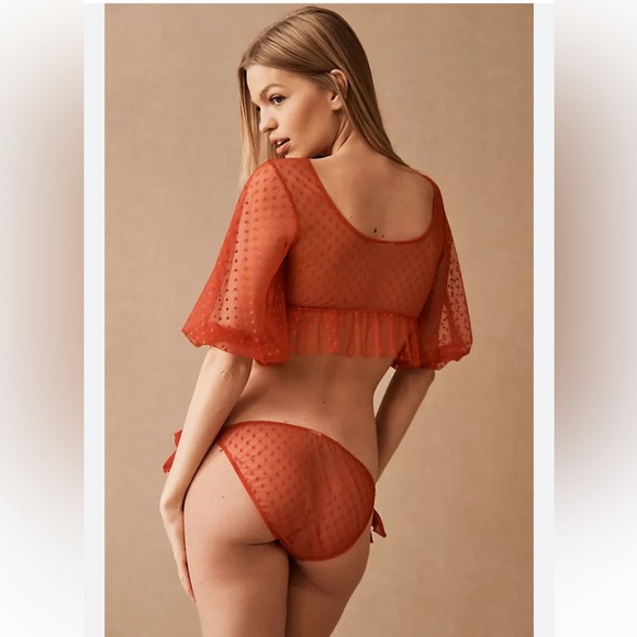 Anthropologie Only Hearts Coeur Dot Tulle Half-Sleeve Deep-V Top lingerie Red - Picture 3 of 7